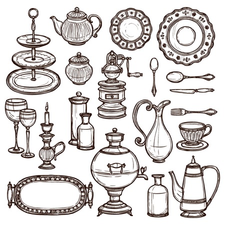 Vintage  dishes set with coffee pot milk can spoons cups and silver tray doodle sketch vector illustrationのイラスト素材