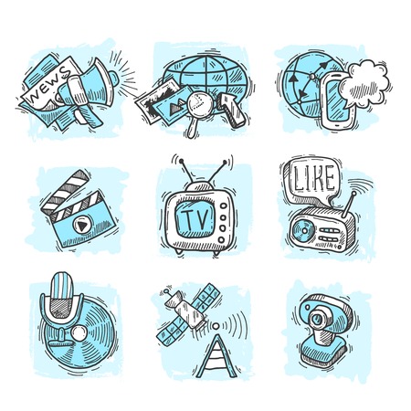 Media design sketch decorative icons social network and broadcasting concepts set isolated vector illustrationのイラスト素材