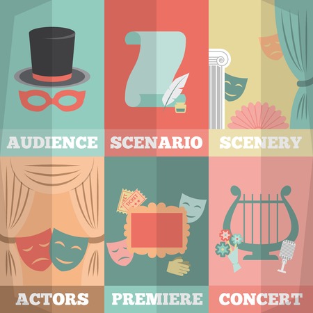 Theatre poster mini set with audience scenario scenery actors premiere concert isolated vector illustrationのイラスト素材