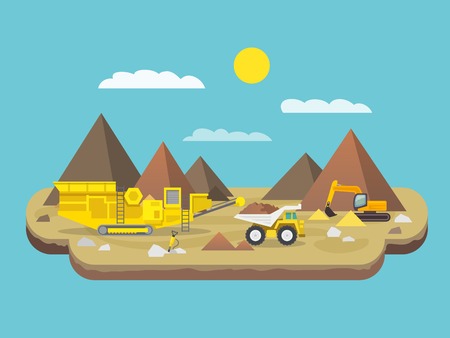 Quarry flat poster with excavator and industrial machinery on mountain background vector illustrationのイラスト素材