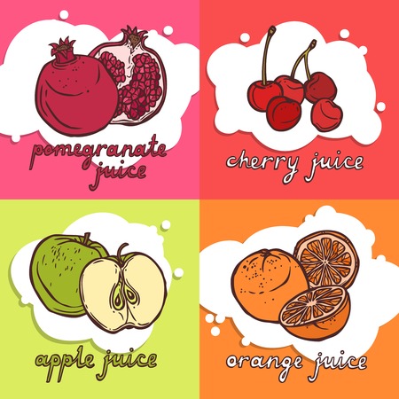 Fruit juice design concept set with pomegranate cherry apple orange sketch icons isolated vector illustrationのイラスト素材