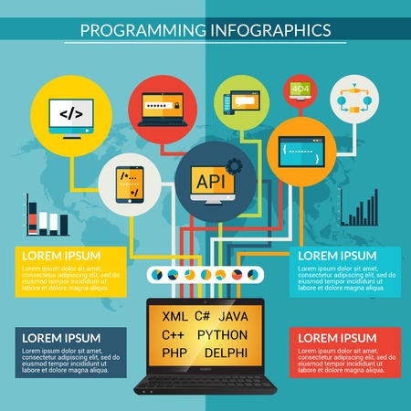 Programming data storage and mobile application infographics set with charts vector illustrationのイラスト素材