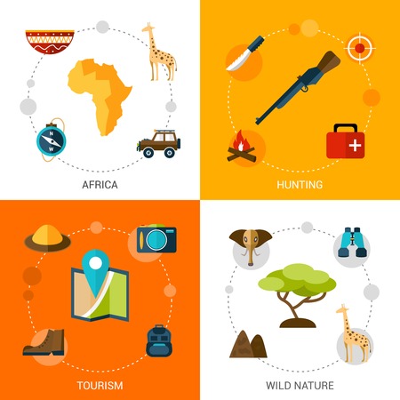 Safari design concept set with africa tourism wild nature hunting flat icons isolated vector illustrationのイラスト素材