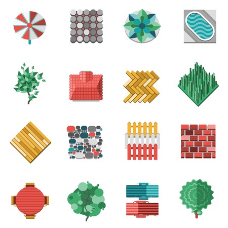 Gardens house outdoor landscape design elements icons set isolated vector illustrationのイラスト素材
