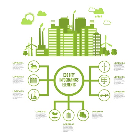 Eco town infographic set with green ecosystem elements and arrows vector illustrationのイラスト素材