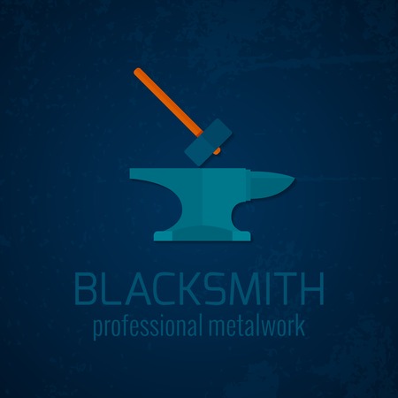 Blacksmith shop professional metalwork anvil hammer template decorative  icon background advertisement poster print blue abstract vector illustrationのイラスト素材