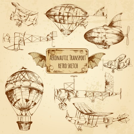 Retro aviation aeronautic transport sketch decorative icons set isolated vector illustrationのイラスト素材