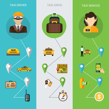 Taxi banners vertical set with driver and payment service flat elements isolated vector illustrationのイラスト素材