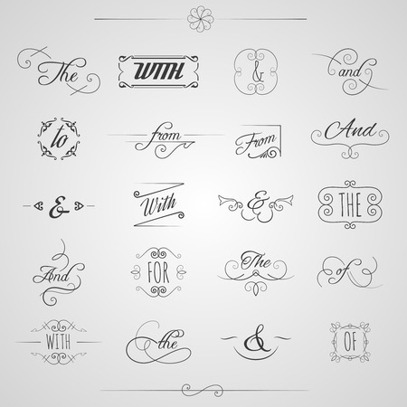 Catchwords and ampersand decorative set with floral elements and swirls isolated vector illustrationのイラスト素材