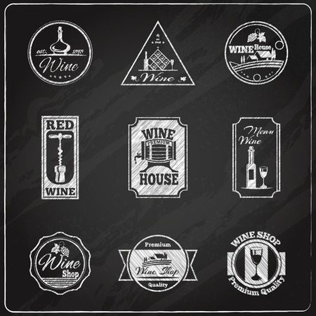 Wine label premium chalkboard set with barrels and bottles isolated vector illustrationのイラスト素材