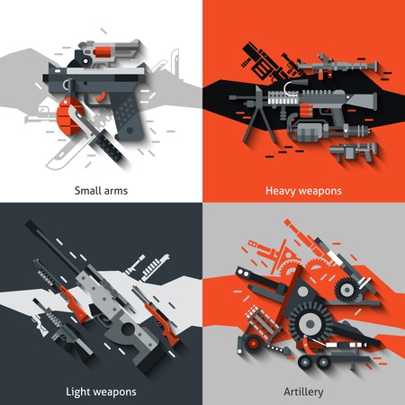Weapon design concept set with small arms heavy light artillery flat icons isolated vector illustrationのイラスト素材