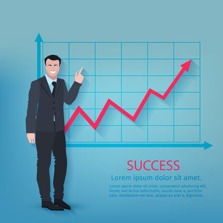 Successful businessman in front of upward development chart poster vector illustrationのイラスト素材