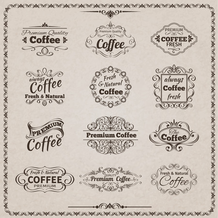 Natural fresh coffee calligraphic vintage decorative emblems set isolated vector illustrationのイラスト素材