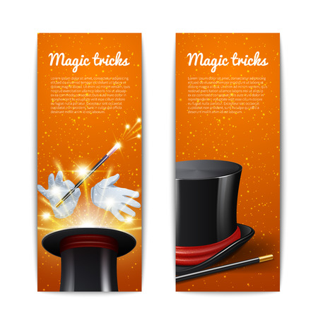 Magic trick vertical banners set with magician cylinder stick and gloves isolated vector illustrationのイラスト素材