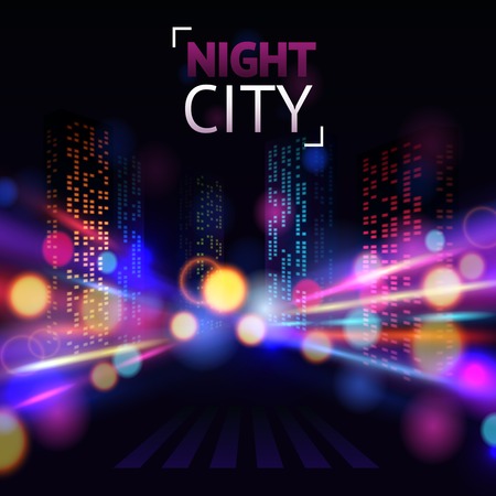 Night city with road and illuminated buildings on blur background vector illustrationのイラスト素材