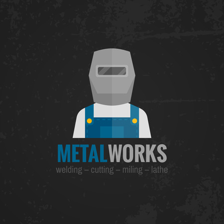 Metal working factory welder machinery operator in uniform black background icon poster print flat abstract vector illustrationのイラスト素材