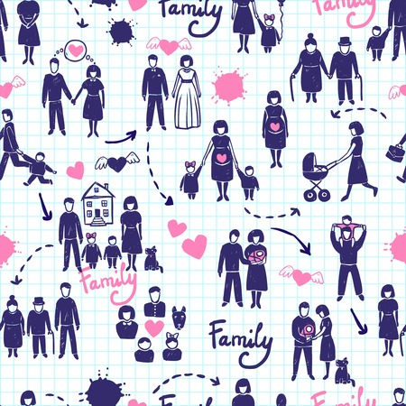 Family seamless pattern with hand drawn married couples kids and parents vector illustrationのイラスト素材