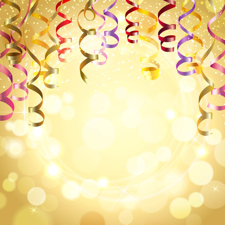 Celebration golden color background with realistic festive streamers vector illustrationのイラスト素材