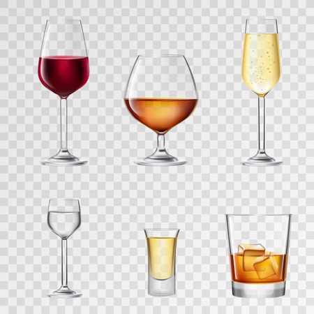Alcohol drinks in 3d realistic glasses transparent set isolated vector illustrationのイラスト素材