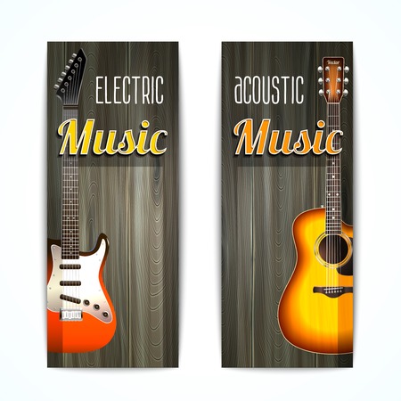 Music vertical banner set with electric and acoustic guitars on wooden background isolated vector illustrationのイラスト素材