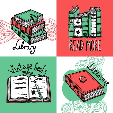 Retro books design concept set with library reading literature sketch elements isolated vector illustrationのイラスト素材