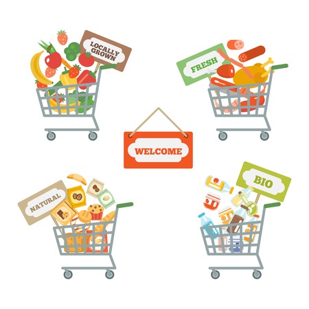 Supermarket shopping cart decorative icons set with food and commerce signs isolated vector illustrationのイラスト素材