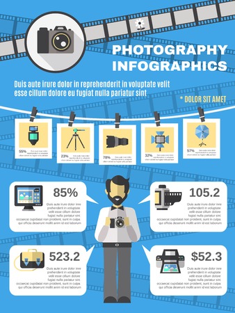 Photography infographics set with photo camera and equipment information symbols vector illustrationのイラスト素材