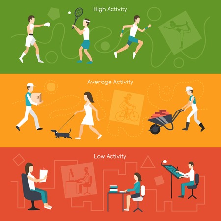 Physical activity horizontal banners set with high average and low elements isolated vector illustrationのイラスト素材