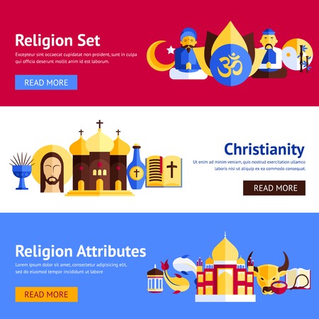 Religion horizontal banner set with christianity and other religious attributes isolated vector illustrationのイラスト素材