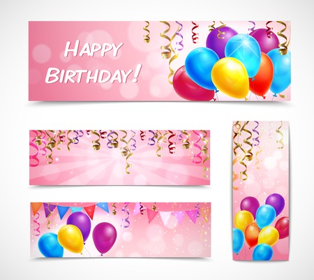 Happy birthday celebration banners set with bunch of balloons and ribbons isolated vector illustrationのイラスト素材