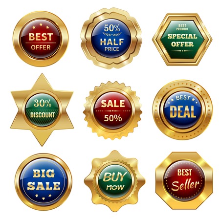 Golden sale best offer special discount retail business labels set isolated vector illustrationのイラスト素材