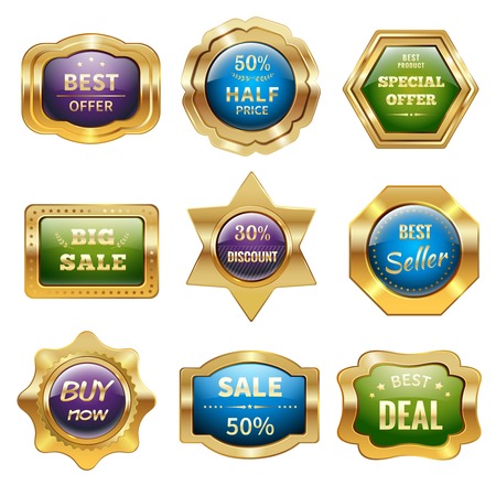Golden sale product discount advertising and promotion badges isolated vector illustrationのイラスト素材