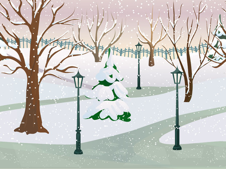 Winter park 2d game landscape with trees covered with snow flat vector illustrationのイラスト素材