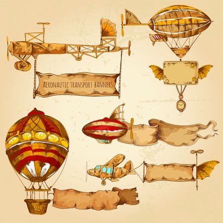 Old style airships with advertising banners hand drawn set isolated vector illustrationのイラスト素材