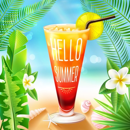 Summer beach design with cocktail drink glass and exotic palm branches on background vector illustrationのイラスト素材
