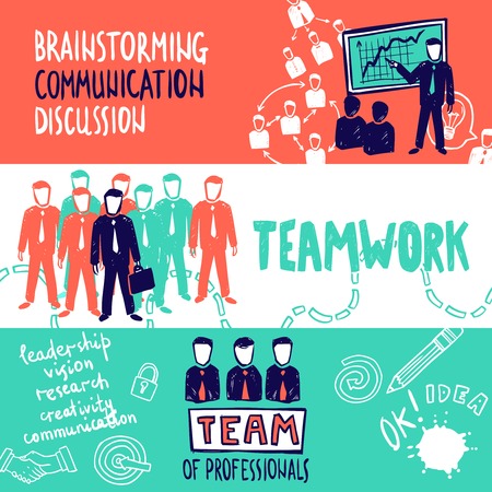 Teamwork banners horizontal set with brainstorming communication discussion sketch elements isolated vector illustrationのイラスト素材
