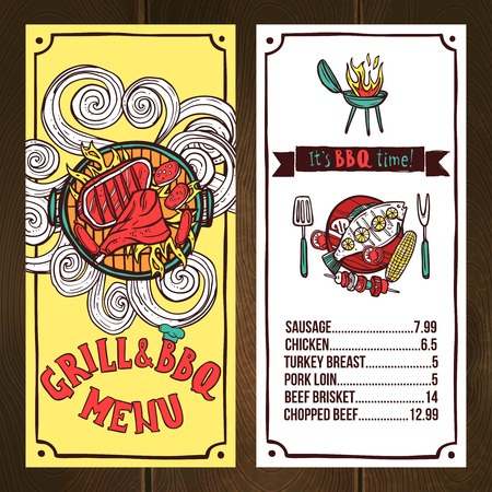 Grill and bbq restaurant menu sketch with barbeque dishes vector illustrationのイラスト素材