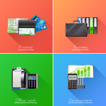 Business design concept set with finance development and office work realistic elements isolated vector illustrationのイラスト素材