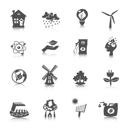 Eco energy black icons set with wind solar water electric technologies isolated vector illustrationのイラスト素材