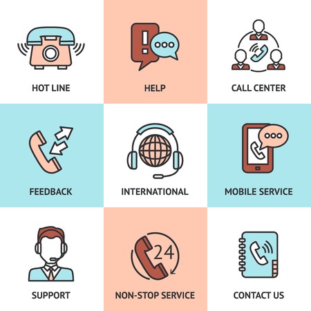 Call center design concept set with hot line help feedback icons isolated vector illustrationのイラスト素材