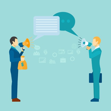 Business communication poster with businessmen talking with loudspeakers vector illustrationのイラスト素材