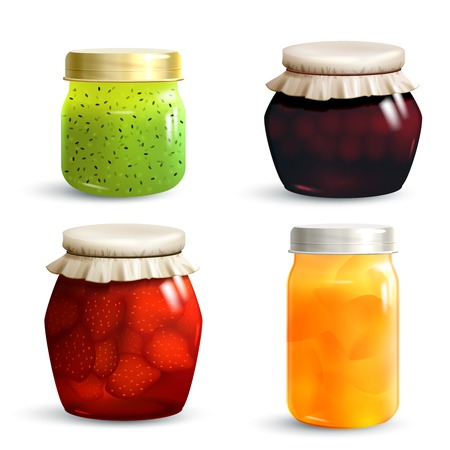 Natural fruit jam preserves jar set with realistic kiwi cherry strawberry and peach marmalade isolated vector illustrationのイラスト素材