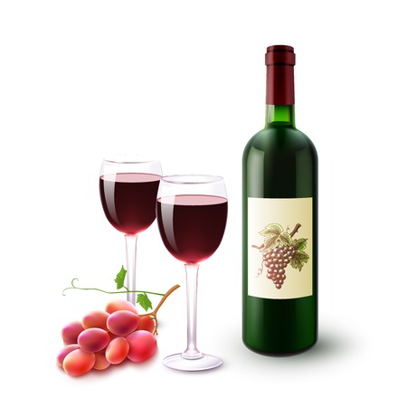 Realistic red wine bottle glasses and grape branch set vector illustrationのイラスト素材