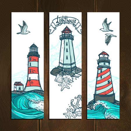 Hand drawn coast lighthouse banner vertical set isolated on wooden background vector illustrationのイラスト素材