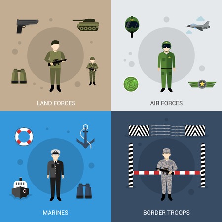 Military design concept set with land air marines forces and border troops flat icons isolated vector illustrationのイラスト素材