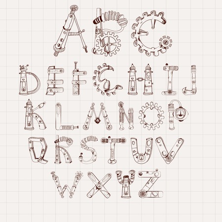 Mechanical alphabet cogwheel abc letters set isolated on square paper background vector illustrationのイラスト素材