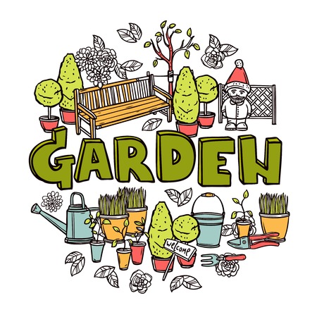 Gardening design concept with agriculture tools and equipment sketch vector illustrationのイラスト素材
