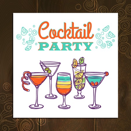 Cocktail party invitation poster with hand drawn alcohol drinks vector illustrationのイラスト素材