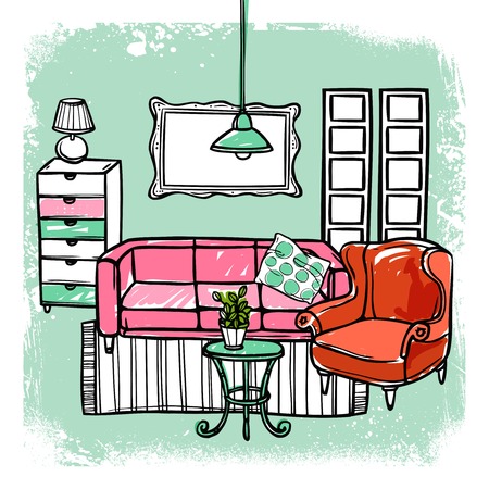 Living room interior design template with sketch furniture vector illustrationのイラスト素材