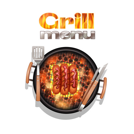 Grill menu design concept with realistic sausages cooking on bbq vector illustrationのイラスト素材